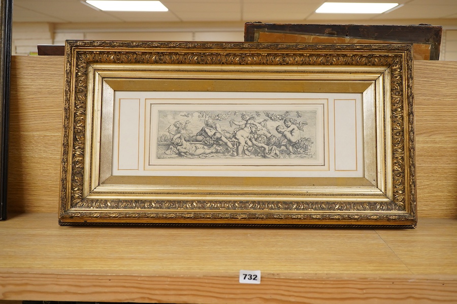 18th century style print, Bacchic scene, 14.5 x 35cm, housed in ornate gilt frame
